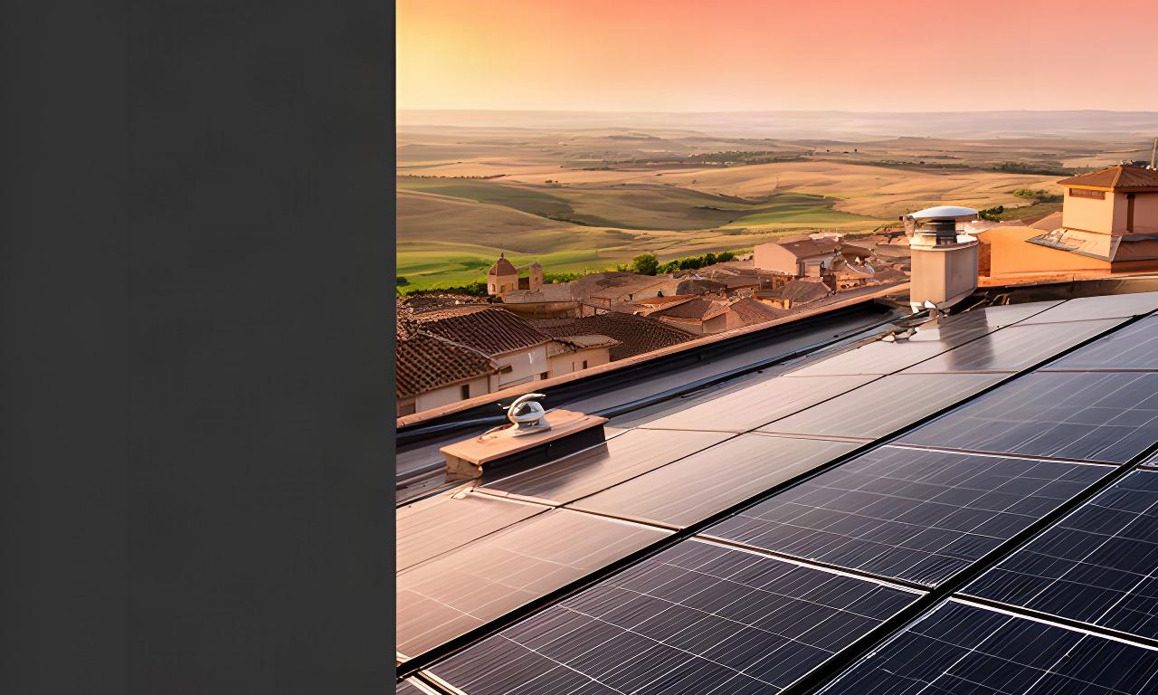 Paneles solares instalados sobre un tejado de Cuéllar al amanecer