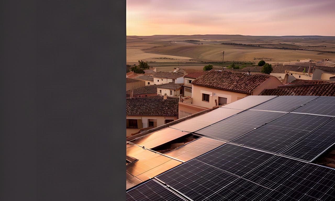 Instalación de paneles solares sobre una vivienda de Cuéllar bajo la luz cálida del atardecer