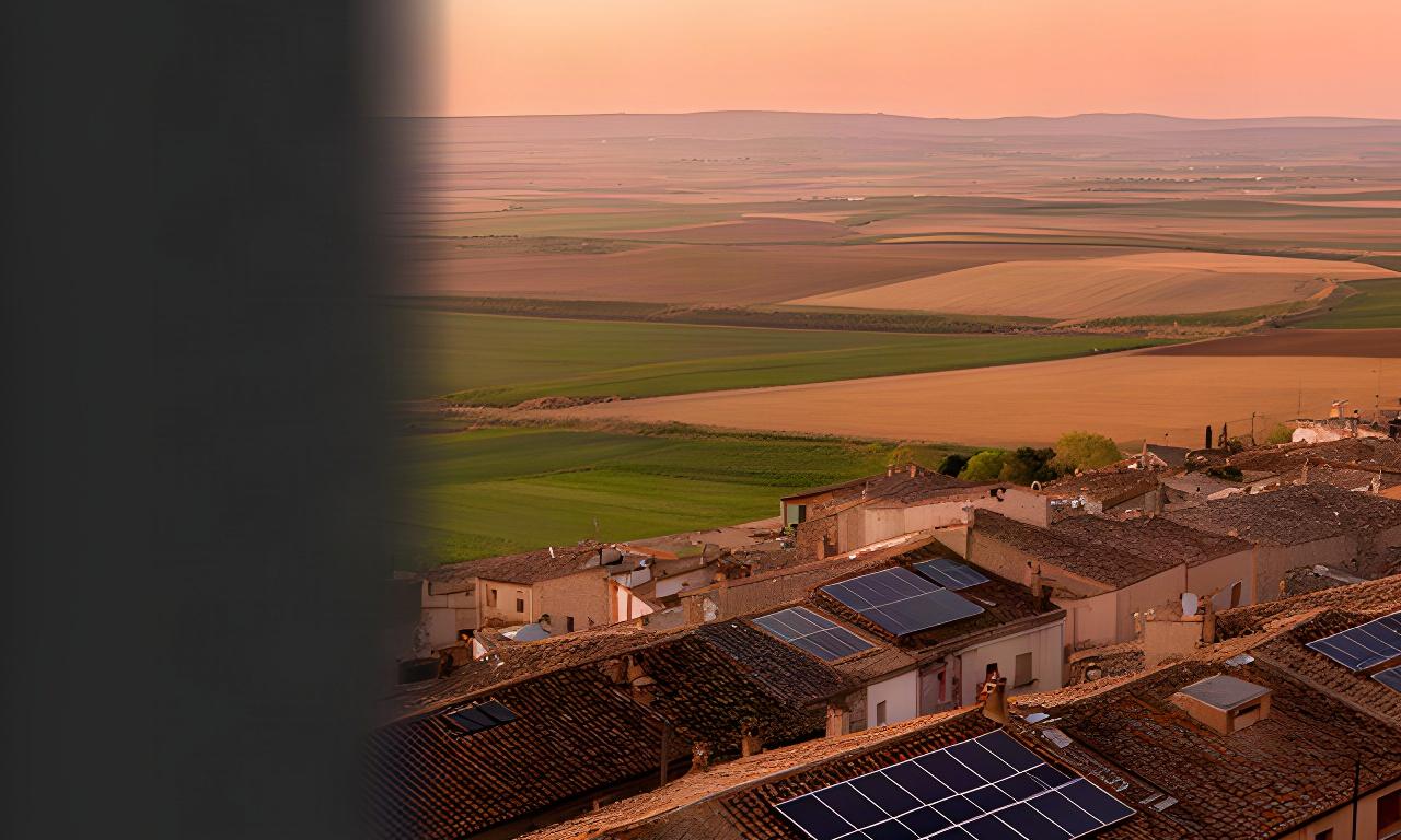 Campos de la comarca de Cuéllar al amanecer, con tejados y placas solares integradas en el paisaje