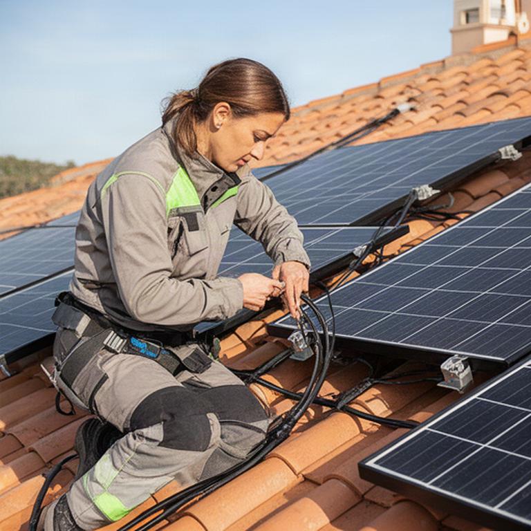 Técnica revisando una instalación de paneles solares en el tejado de una casa