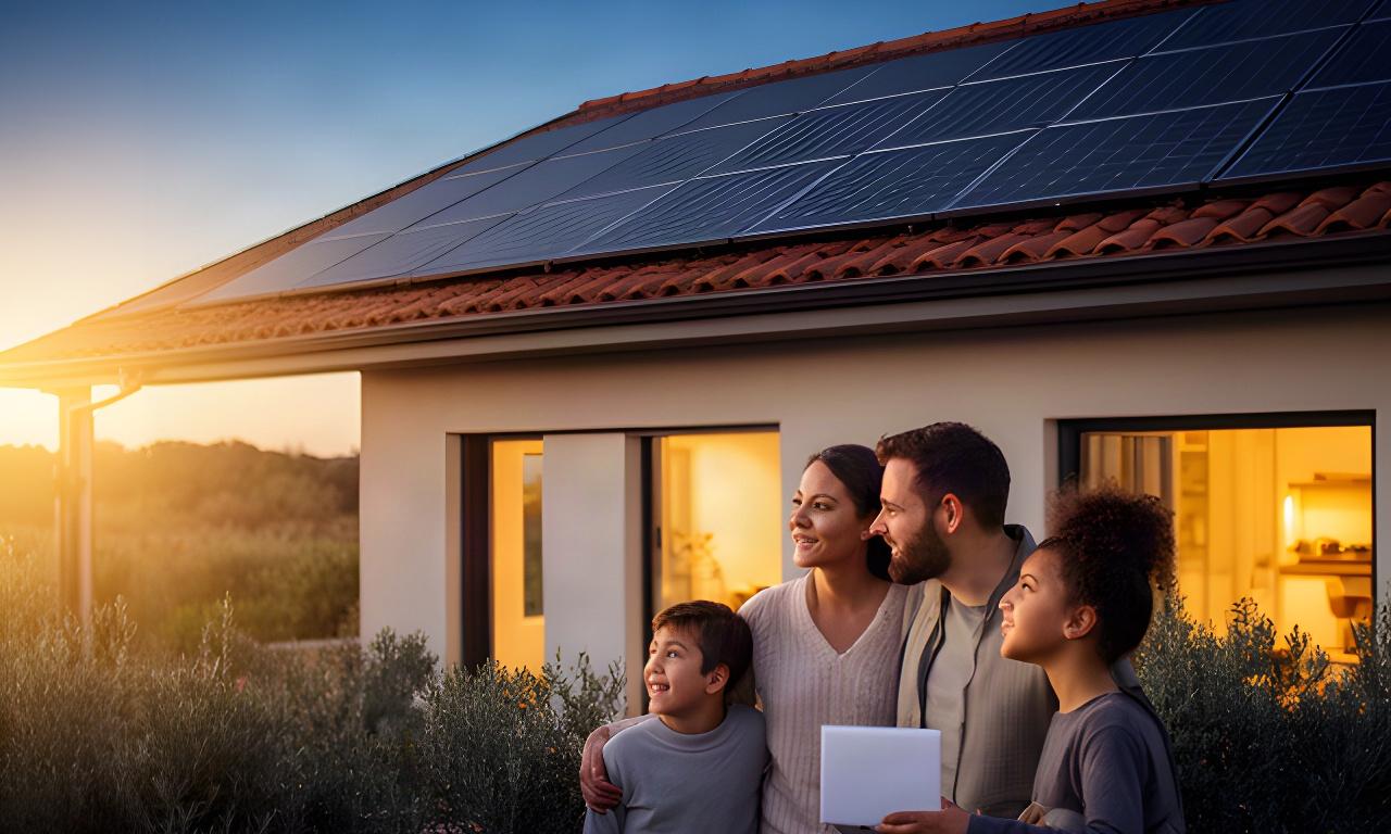 Familia observando los paneles solares de su vivienda al atardecer