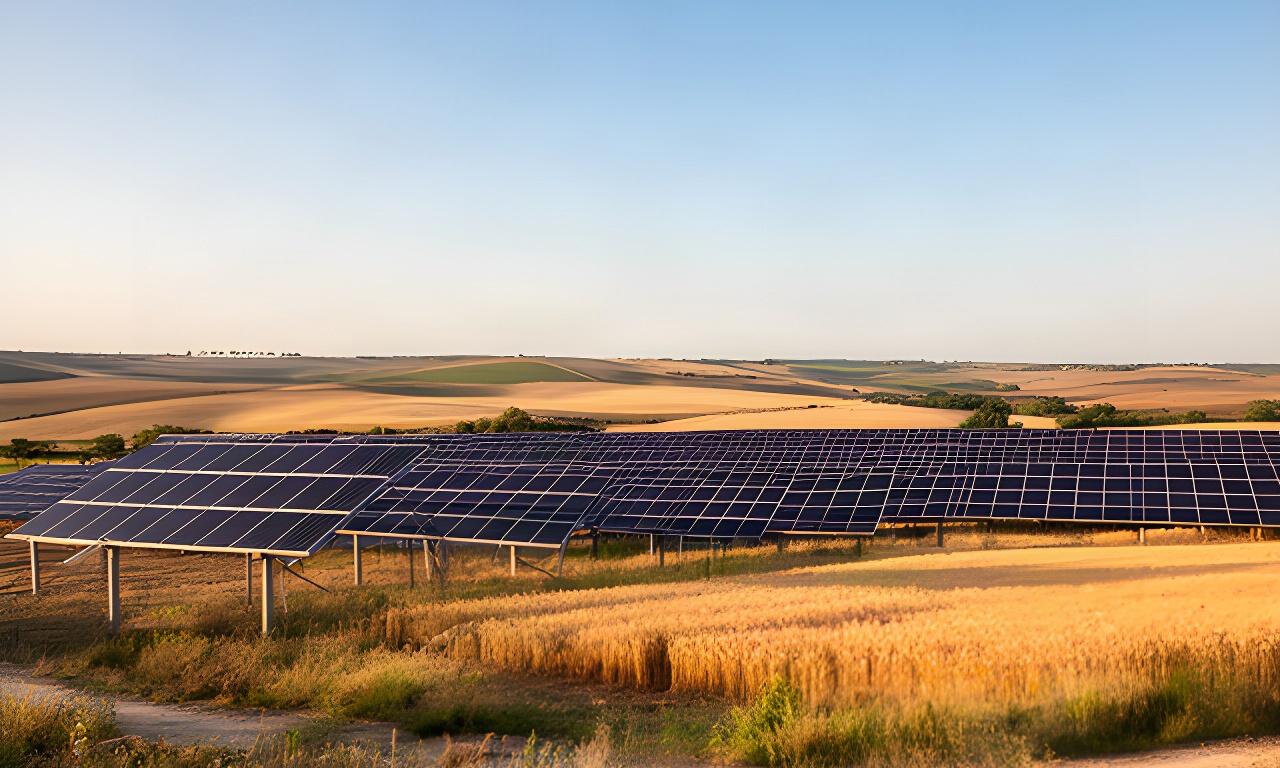 Instalación solar junto a un campo de Castilla y León bajo un cielo despejado