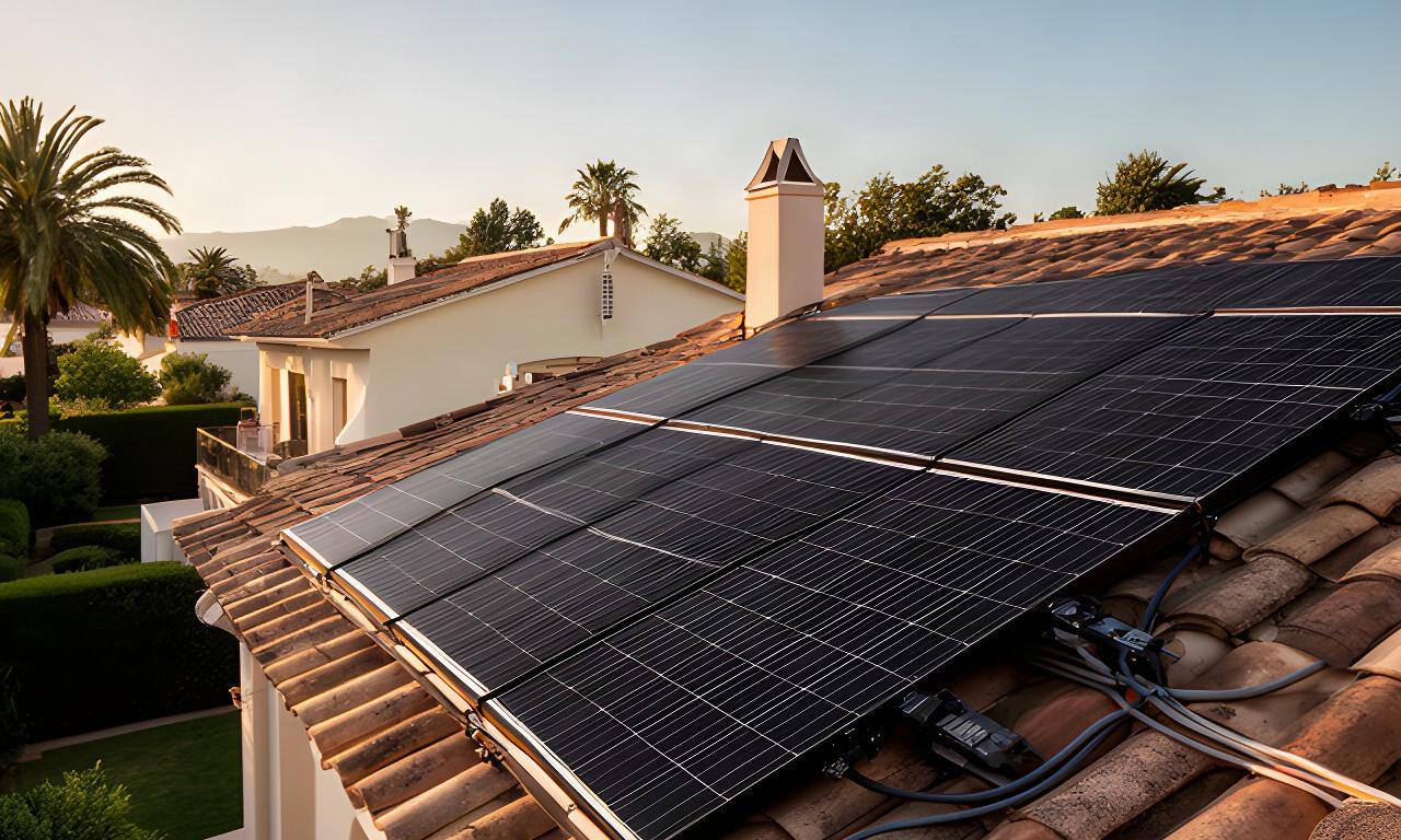 Instalación solar residencial terminada con cableado protegido y tejado cuidado