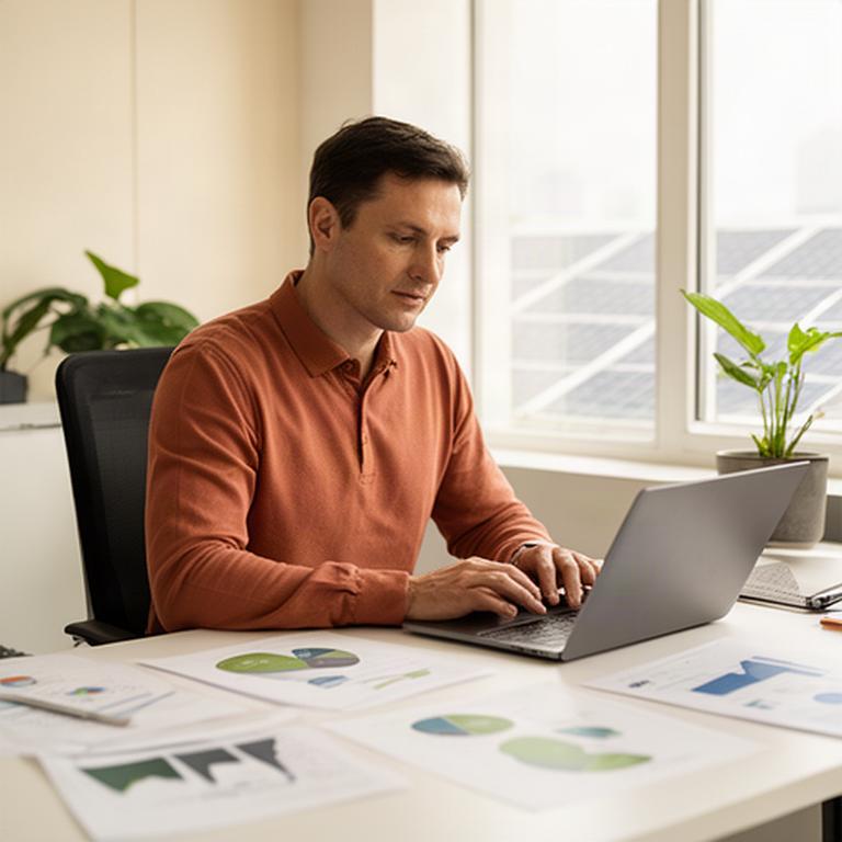 Profesional revisando datos de una instalación solar en una oficina luminosa