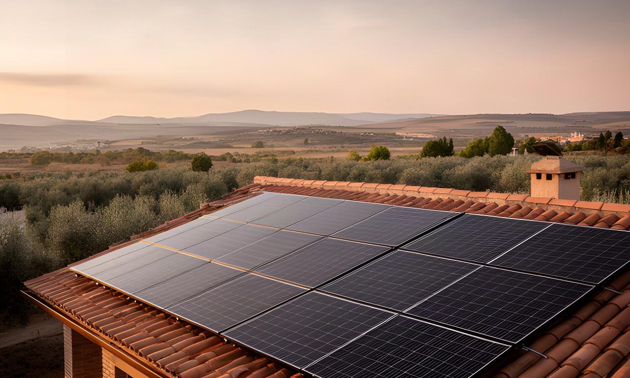 Instalación solar sobre el tejado de una vivienda de Cuéllar al atardecer
