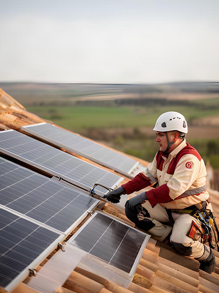 Técnico revisando una instalación solar residencial en una cubierta de Cuéllar