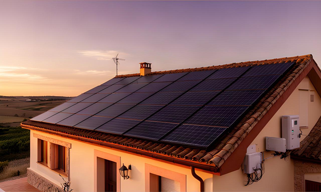 Paneles solares instalados sobre una vivienda de Cuéllar al atardecer