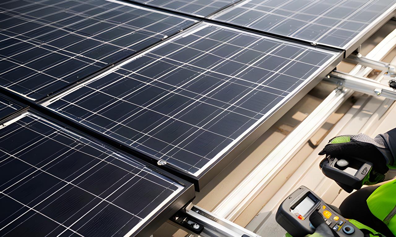Detalle de células fotovoltaicas sobre una cubierta durante una revisión técnica