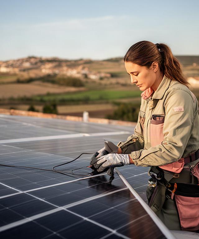 Técnica revisando una fila de paneles solares en un tejado rural de Castilla y León
