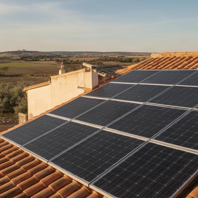 Equipo de paneles solares en una vivienda rural de Cuéllar con tejado de teja