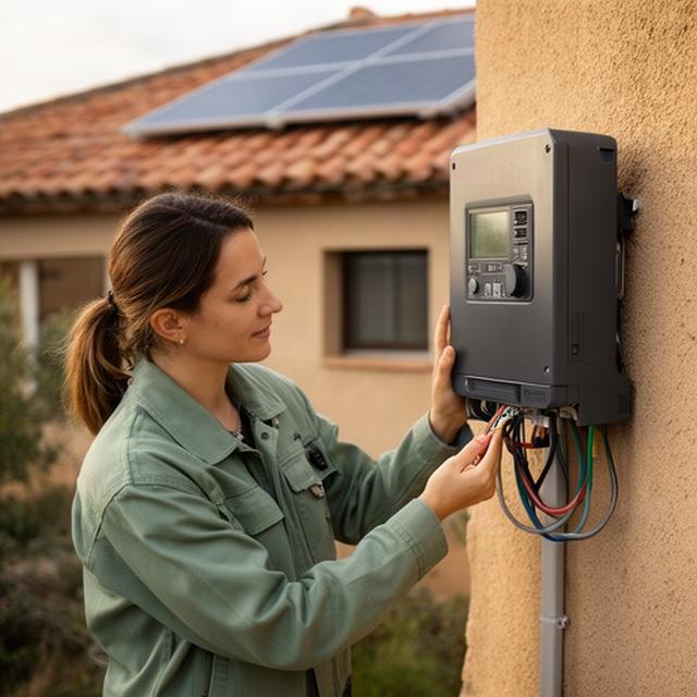 Técnica revisando un inversor solar junto a una vivienda rural de Castilla y León