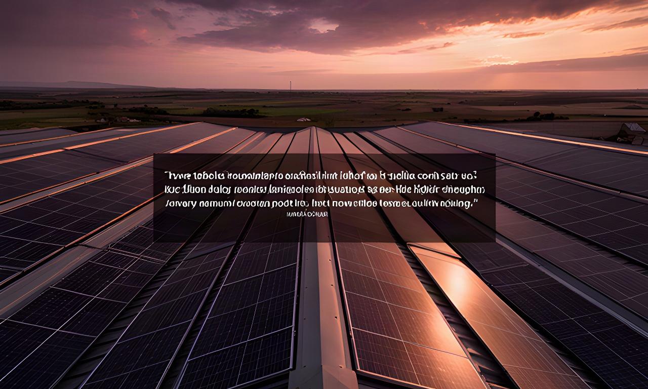 Cubierta solar de una empresa de Cuéllar al atardecer con hileras de paneles orientadas al cielo