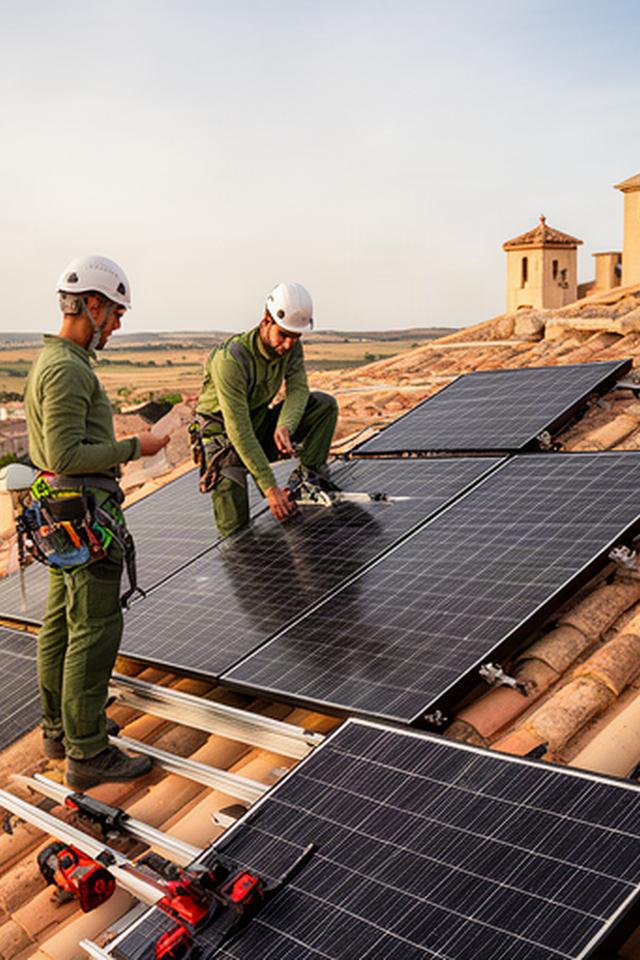 Equipo técnico instalando paneles solares en una vivienda de Cuéllar