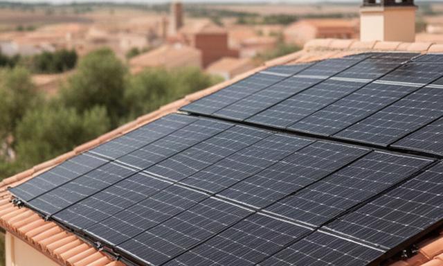 Paneles solares negros instalados en el tejado inclinado de una casa en Cuéllar