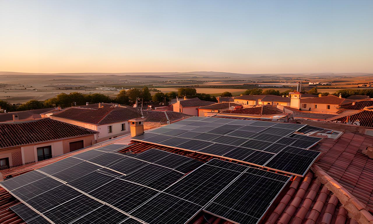Paneles solares sobre una vivienda de Cuéllar al atardecer, con tejados y cielo despejado