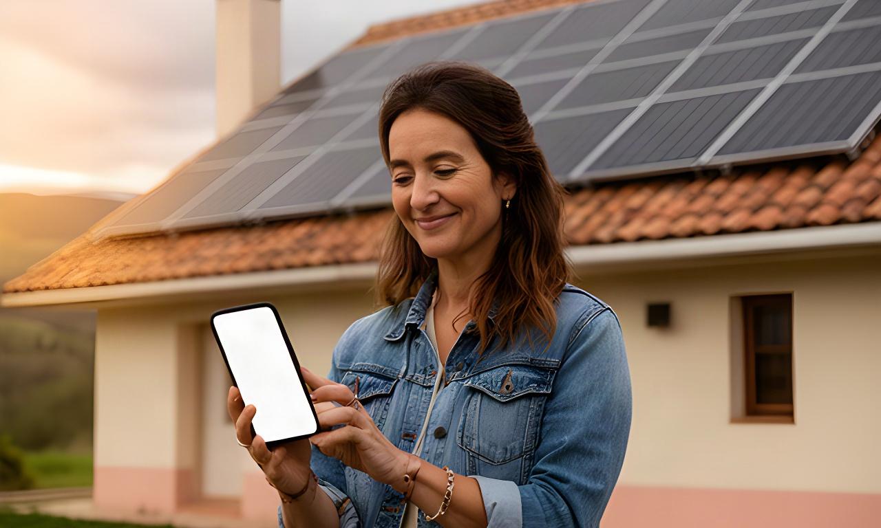 Propietaria revisando la producción de sus paneles solares frente a una vivienda de Castilla y León
